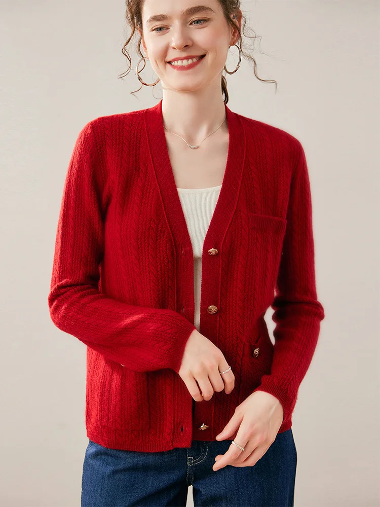 New Women V-neck 100% Cashmere Cardigan Sweater Autumn Winter Soild  Soft Comfort  Elegant Long Sleeve Knit Jackets Office Lady