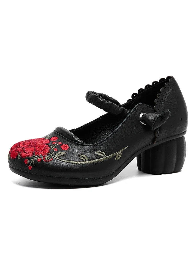 Birkuir Retro Dikke Hak Mary Jane Pompen Voor Vrouwen Knop Borduren Bloemen Schoenen Luxe Gemengde Kleuren Echt Leer 5cm Schoenen