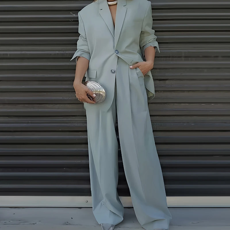 

New Casual Lapel Button Blazer Coat Set Simple High Street Solid Color Women's Suit Fashion High Waisted Pants Commute Outfit