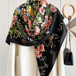 Large Square Wool Scarves Wraps for Autumn Winter Use 2024 Floral Printed Womens Wool Blanket Shawl Poncho