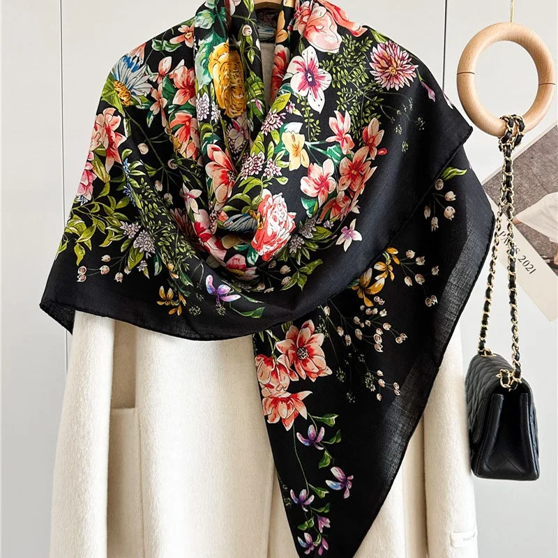 Large Square Wool Scarves Wraps for Autumn Winter Use 2024 Floral Printed Womens Wool Blanket Shawl Poncho