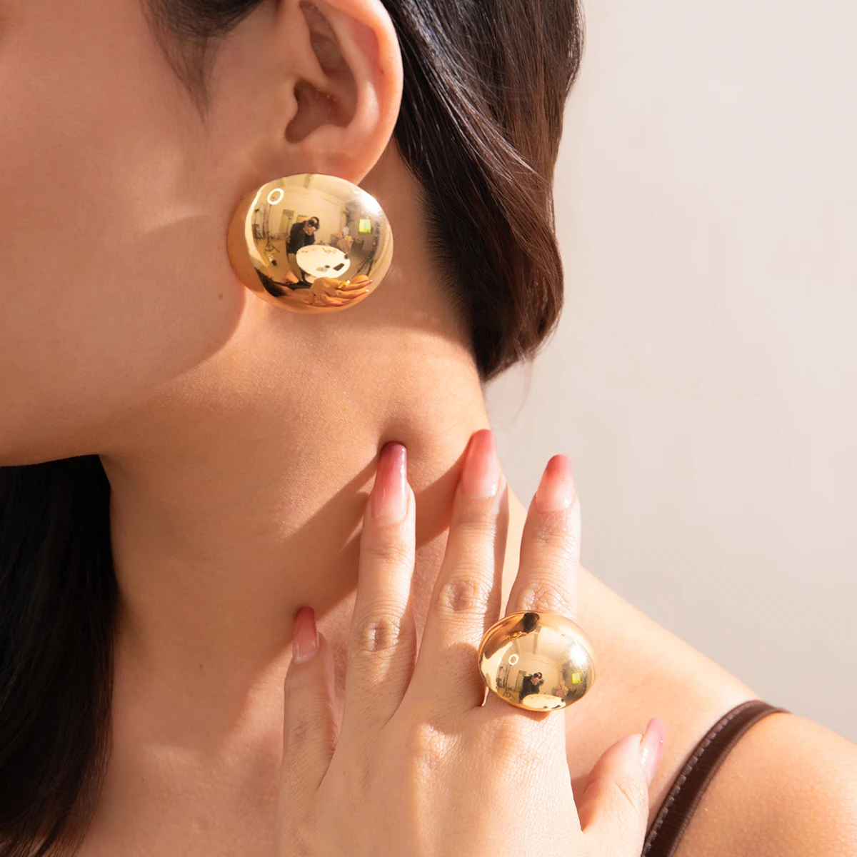 Ingemark 2Pcs Unique Smooth Round Big Ball Metal Stud Earrings Women Classic Vintage Rings Pierced Earring Steampunk Jewelry Set