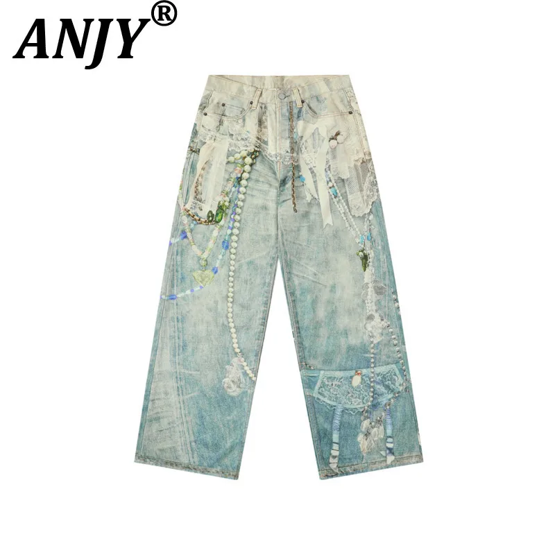 ANJY Women Jeans Elegant Fashion Lace Pearl 3D Digital Printed Design Loose Casual High Street Stylish Cotton Denim Pants A28932