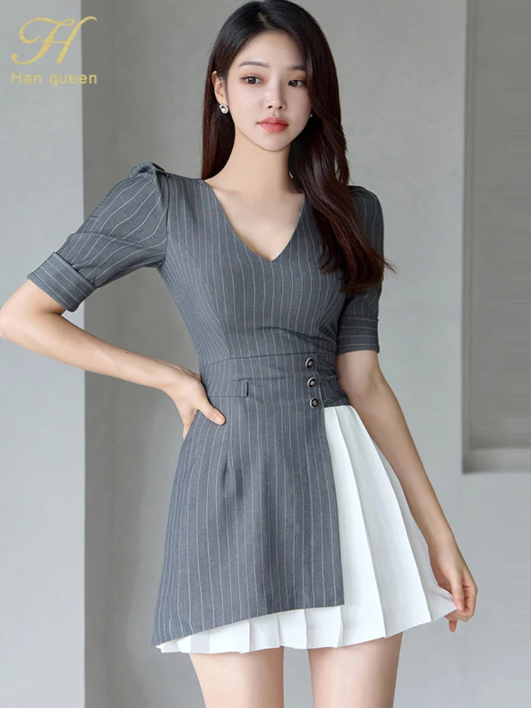 H Han Queen Autumn Summer Dresses Womens Vintage Stripes Elegant Simple Office Party Dress Puff Sleeve Patchwork Pleated Vestido