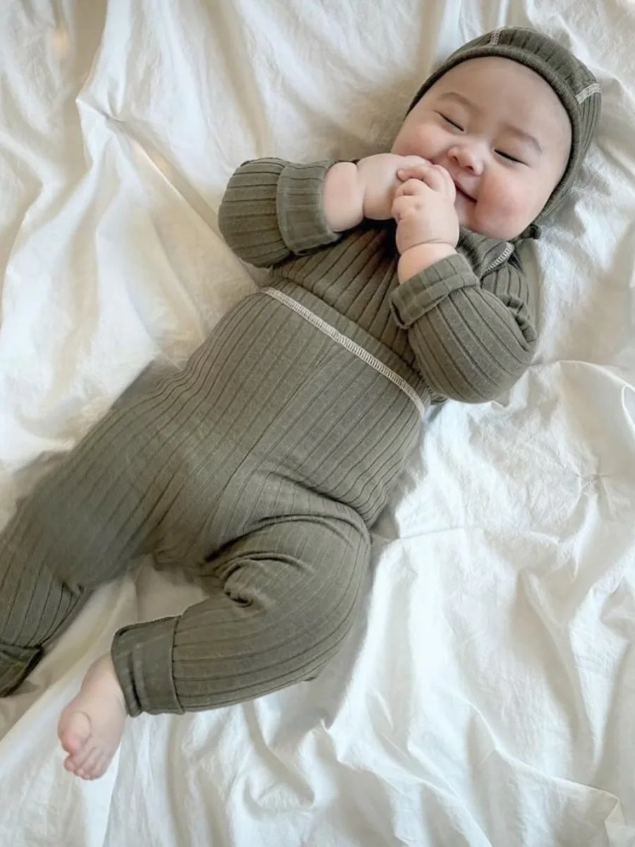 2026 Spring New Baby Long Sleeve Clothes Set Infant Girl Solid Ribbed Bodysuit + Leggings + Hat 3pcs Suit Toddler Boy Outfits