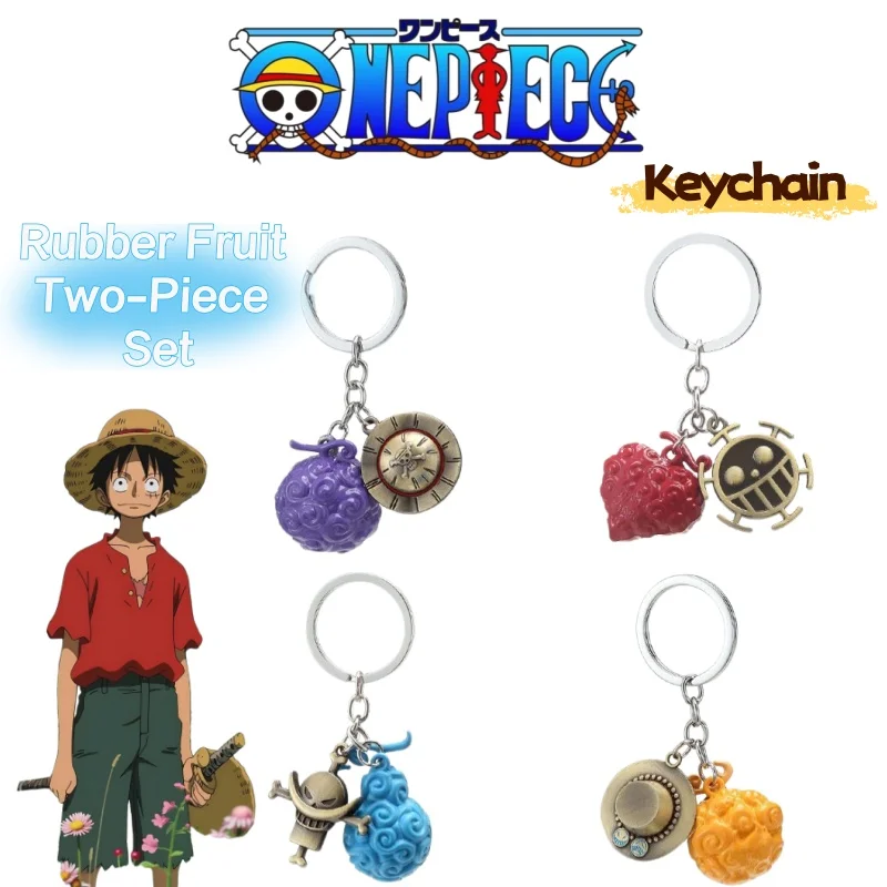 One Piece Cartoon Anime Teufelsfrucht-Schlüsselanhänger, Ace's Flammenfrucht und Luffys Gum-Gum-Frucht, zweiteiliger Anhänger als Zubehör.