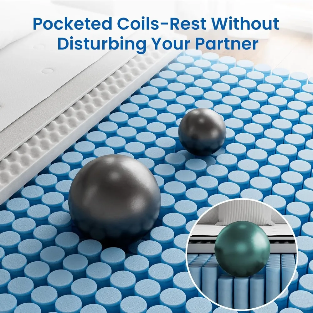 クイーンマットレス、10インチミディアムハイブリッドジェルメモリーフォームマットレス（ポケットコイルと竹炭入り）、フルサイズマットレス