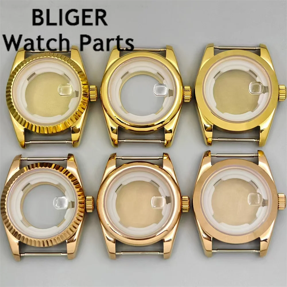 BLIGER 31mm Women's Watch Case Gold Rose Gold Case Fluted Polished Sloping Round Bezel Sapphire Glass Fit NH05 NH06 Movement