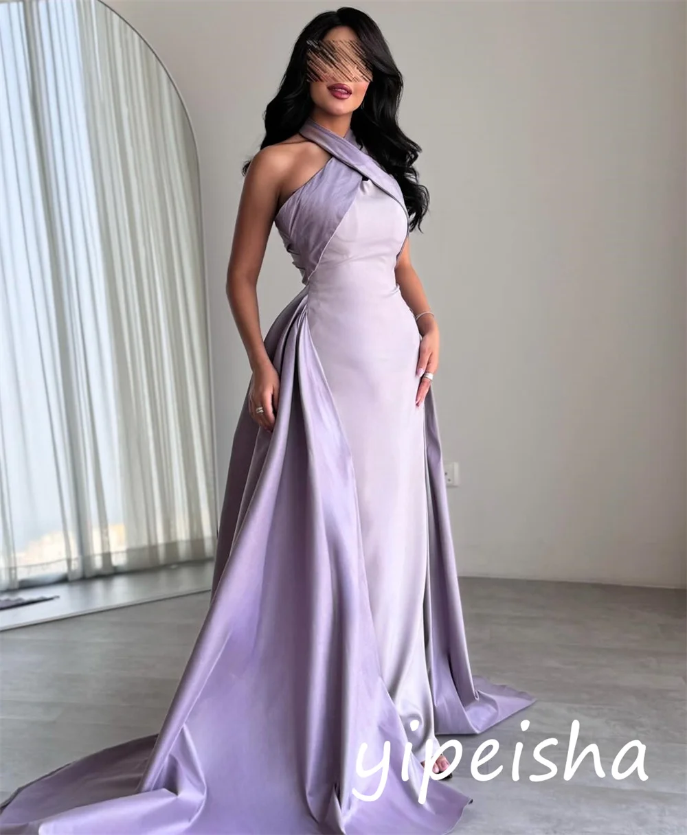 Personnalisé décontracté Simple Jersey plissé a-ligne licou longues robes sur mesure Occasion complexe correspondant
