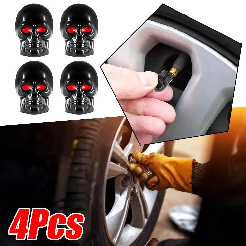 4pcs Skull Car Valve Cap General Purpose Bicycle Tire Valve Stem ABS Personalized Creative Christmas Gift Decorating Accessories