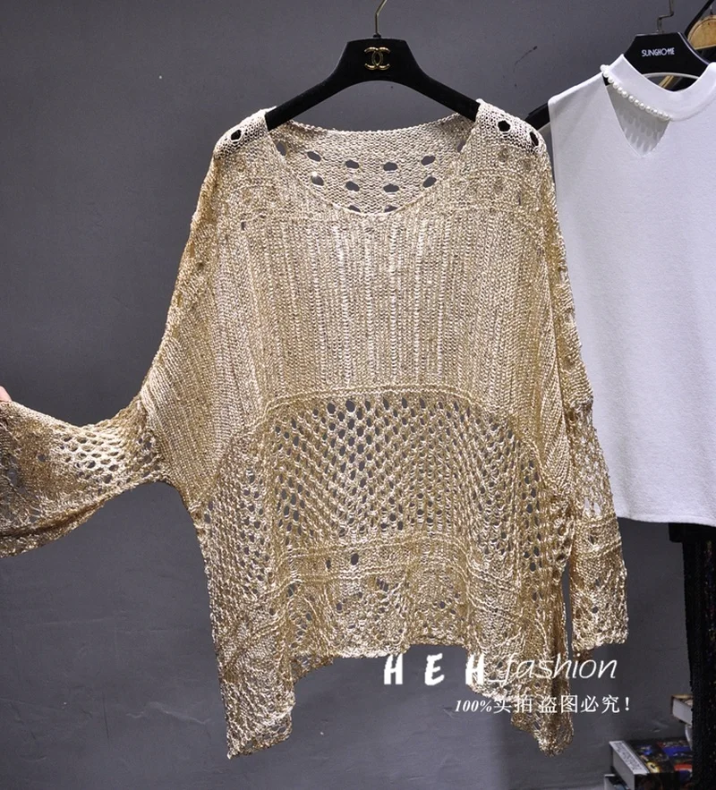 Spring 2023 New Hollow Sequined Blouse Mid-length Knitted Sweater GoldThread Bright Silk Sunscreen Shirt