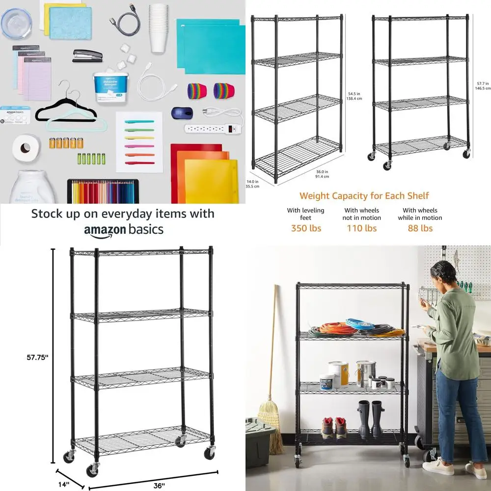 رف تخزين معدني شديد التحمل بأربعة أرفف قابل للتعديل مع 3 عجلات، 36 لتر × 14 عرضًا × 57.75 ارتفاعًا، أسود #1