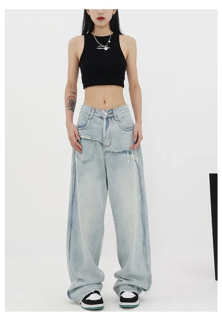 

American Style Fashion Design Sensation Straight Tube Torn Jeans For Women 2023 New High Waisted Wide Leg Mop Pants