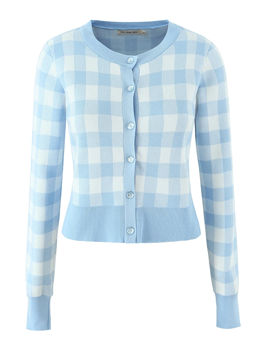 

Ретро Fre клетчатый круглый трикотажный открытый кардиган Ne Long Sve женский универсальный утягивающий топ верхней одежды