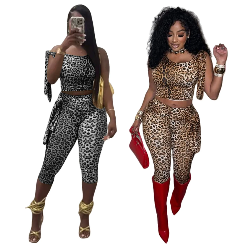 

Leopard Print 2 Two Piece Set Women Sexy Outfits Sleeveless Crop Top and Calf Length Pants Suit 2025 Summer Night Club Wear Sets