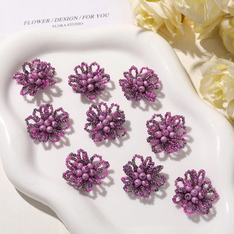 New Dark Purple Glass Beads Cluster Flower Button Accessory for Jewelry Make 5pcs DIY Hole Shoes Decoration Ornaments Wholesale