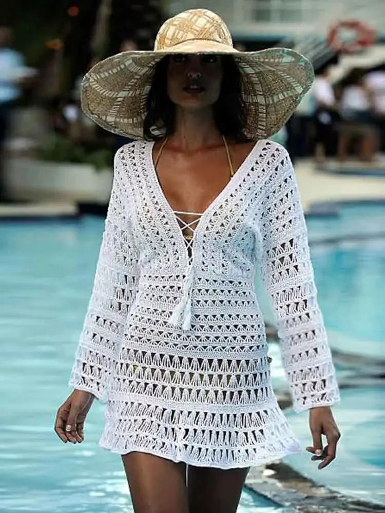 Chic Knit Tassels Cut Out V-neck Long Sleeve White Beach Mini Dress 2024 Women Sexy Summer Vacation Swimwear Cover Up Tunic K27