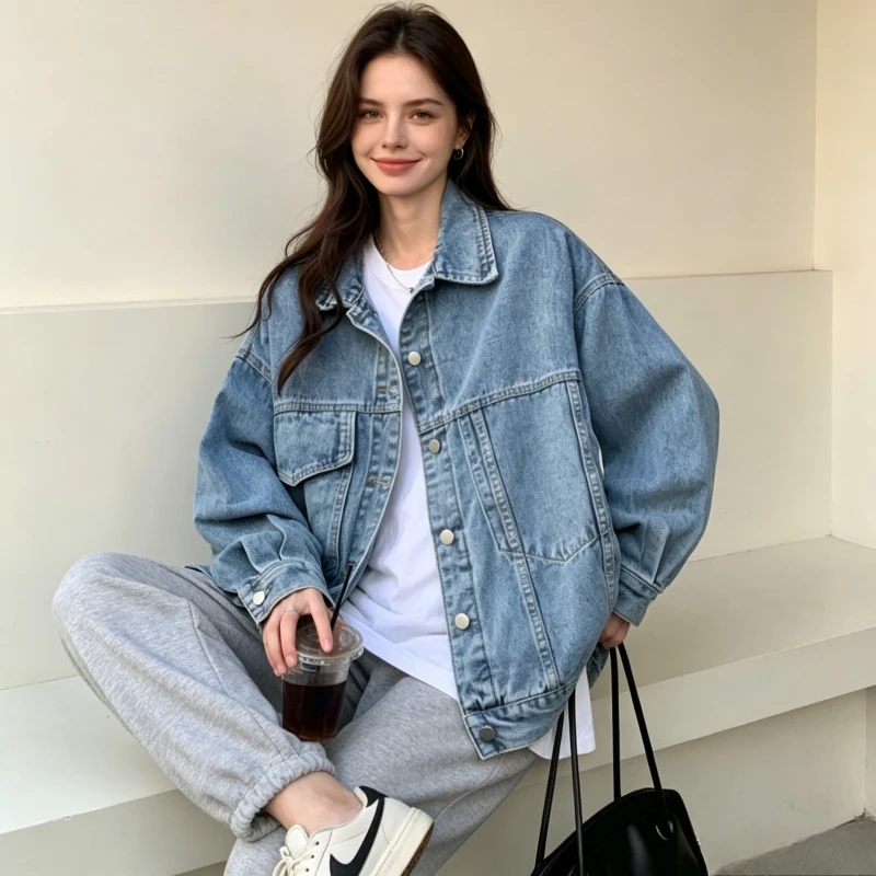 

Denim Women Coat Turn Down Collar Jackets Single Breasted Work High Street Full Sleeve Coats Vintage Washed Splice 2026 Summer
