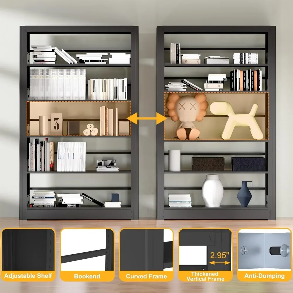 69 "Hoge Boekenplank, 5-Tier Boekenkast Met Verstelbare Opbergplanken, Vloer Staande Eenheid, Zwart Metalen Boekenkast Zwarte Planken