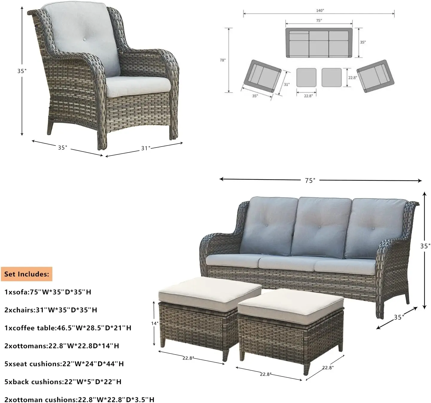 Outdoor Patio Wicker Móveis Set, Rattan secional Sofá Set, 3-Seat Couch,2 poltronas, 2 Footests Otomano, 6 PCs