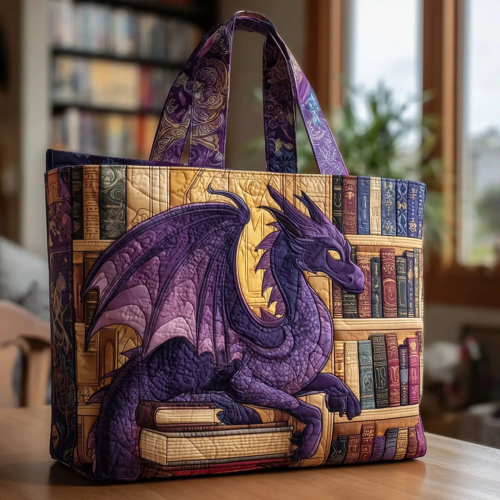 Mythical Dragon & Bookshelf Print Tote, Purple Dragon Fantasy Canvas Shoulder Bag, Stylish Casual Tote for Daily Use