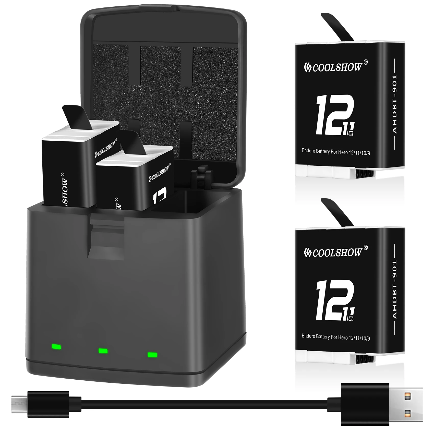 Enduro Battery For Gopro Hero 12 Black Batteries Charger Accessories For Go Pro Hero 11 / 9 / 10 + Black 1800mah Battery