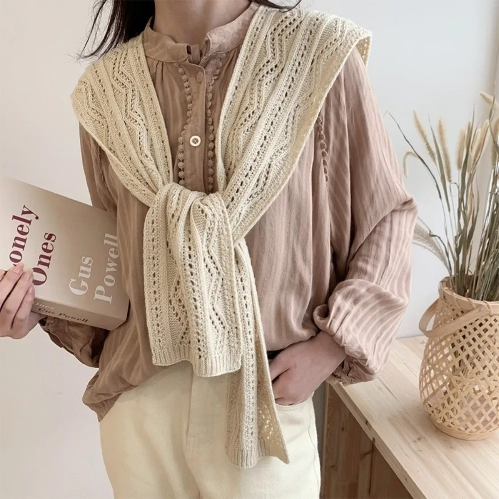 Korean Style Knitted Shawl Solid Color Knitted Texture Air Conditioning Shawl Versatile Design Fake Collar Neck Cape