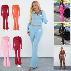 Custom LOGO Women's Clothing 2024 Spring and Autumn New Zipper Long Sleeve Hooded Top Flared Pants Fashion Casual Suit