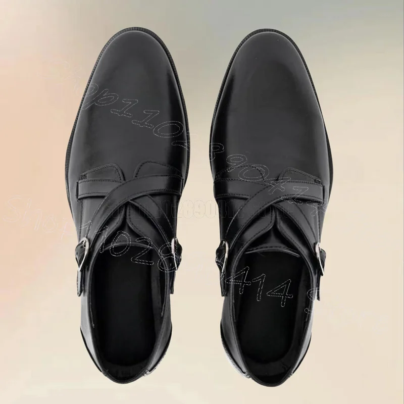 

Black Belt Fastener Buckle Decor Men Derby Shoes Fashion Slip On Men Shoes Luxury Handmade Party Banquet Office Men Dress Shoes