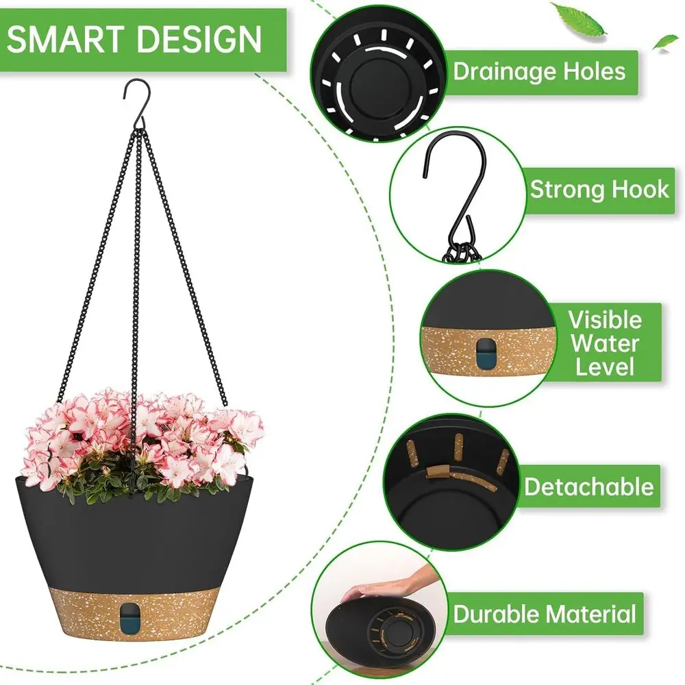 10 Inch Hanging Planters, Gray with Water Level Window and Metal Chain for Indoor or Outdoor Decor