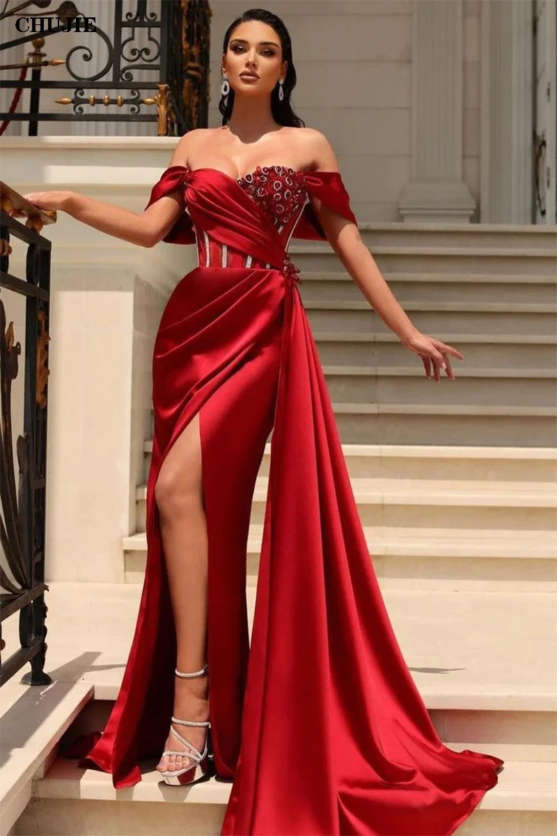 Elegant Luxury Evening Dress for Wedding Party Ball Gown Off Shoulder Satin Beaded Side Split Pleats Arabic Dubai Red Prom Gowns