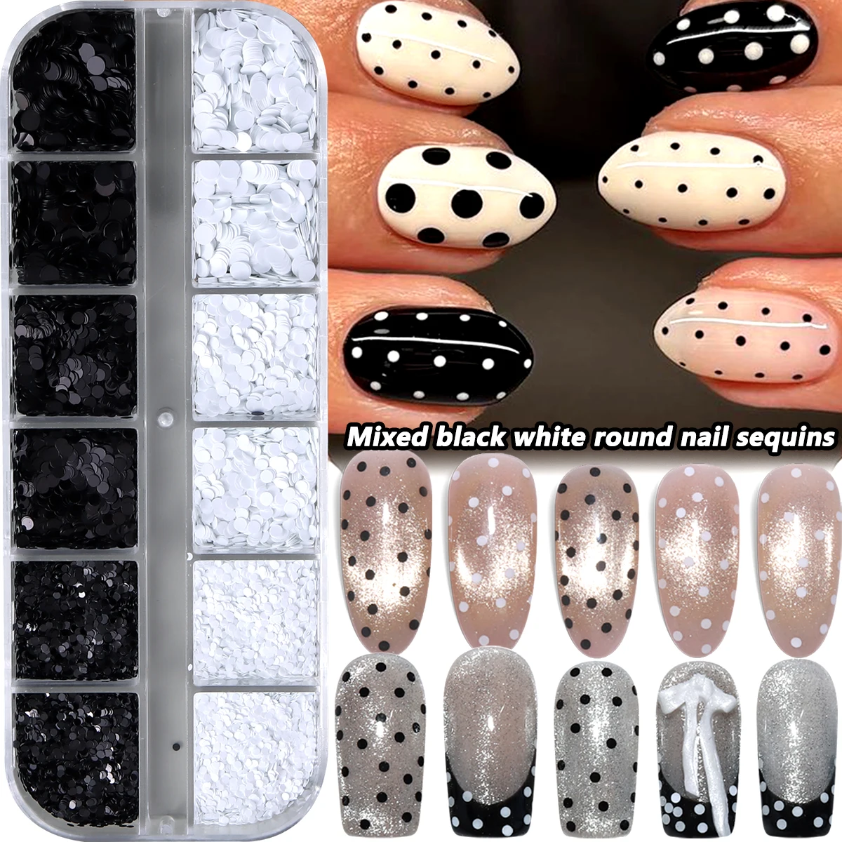 Schwarz-weiße Polka-Dot-Glitzer-Nagelkunst-Accessoires, Retro-Blumen-Patchwork-Glitzer-Nagelkunst, vielseitiger runder Punkt-Glitzer zum Selbermachen – Detail 11