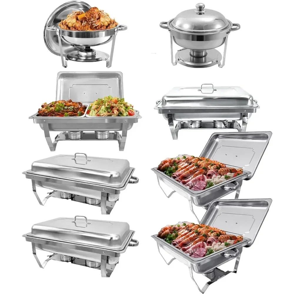 Chafing Dish Buffet Set 8 Pack Stainless Steel, Buffet Servers and Warmers Chafing Servers with Covers Folding Stand Food