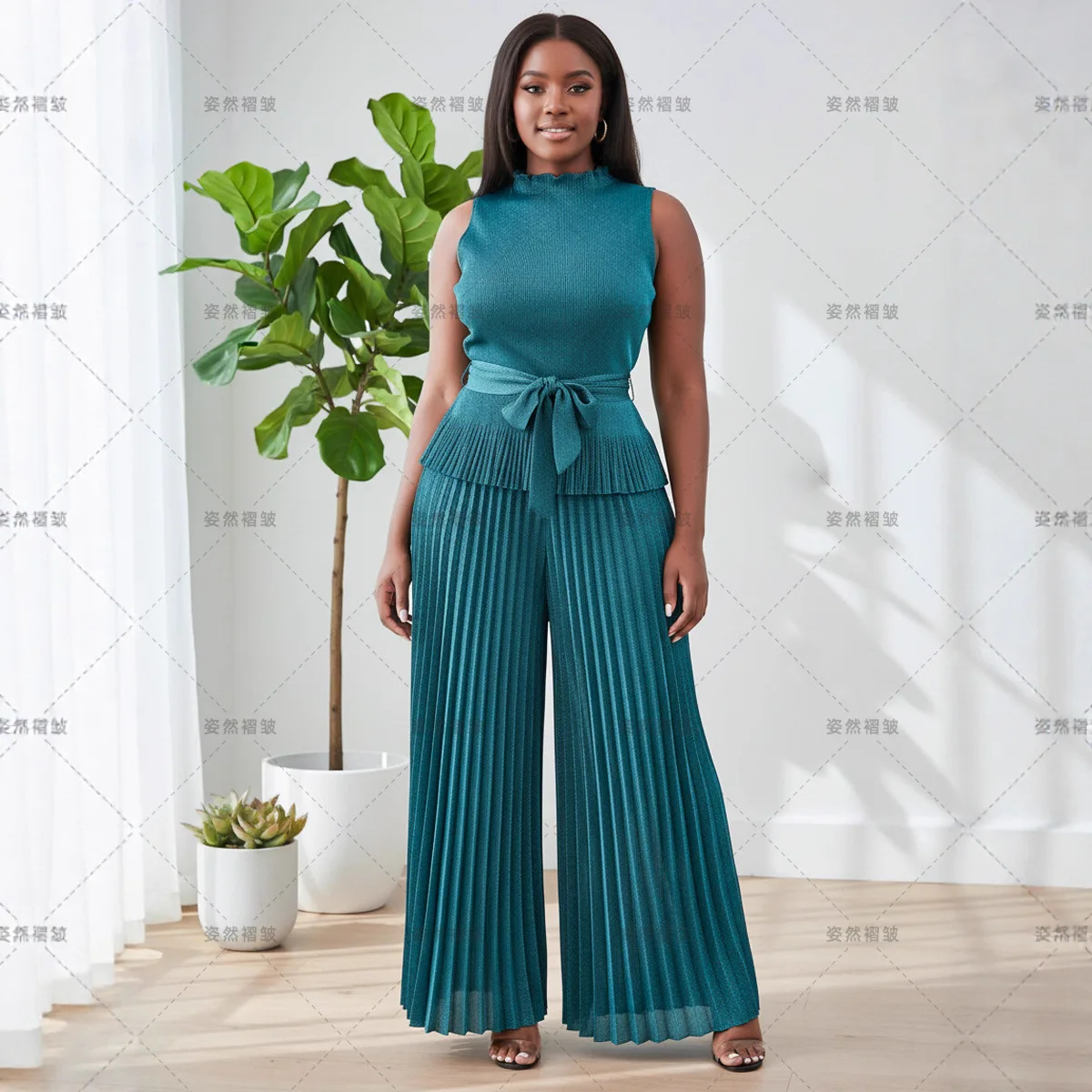 미야케 폴드 2025 신상 가을/겨울 쉬폰 프레스드 폴드 투피스 세트 여성 패션 와이드 레그 백폴드 팬츠 경량