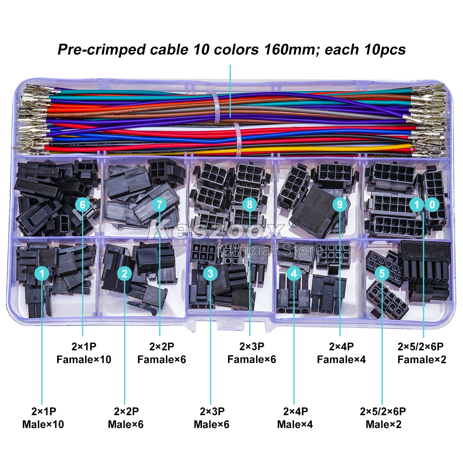 Keszoox Molex 3.0mm 2 Rows 2-6P Male Female Connectors Housing with 22AWG Pre-crimped Cable Molex Connector Kit