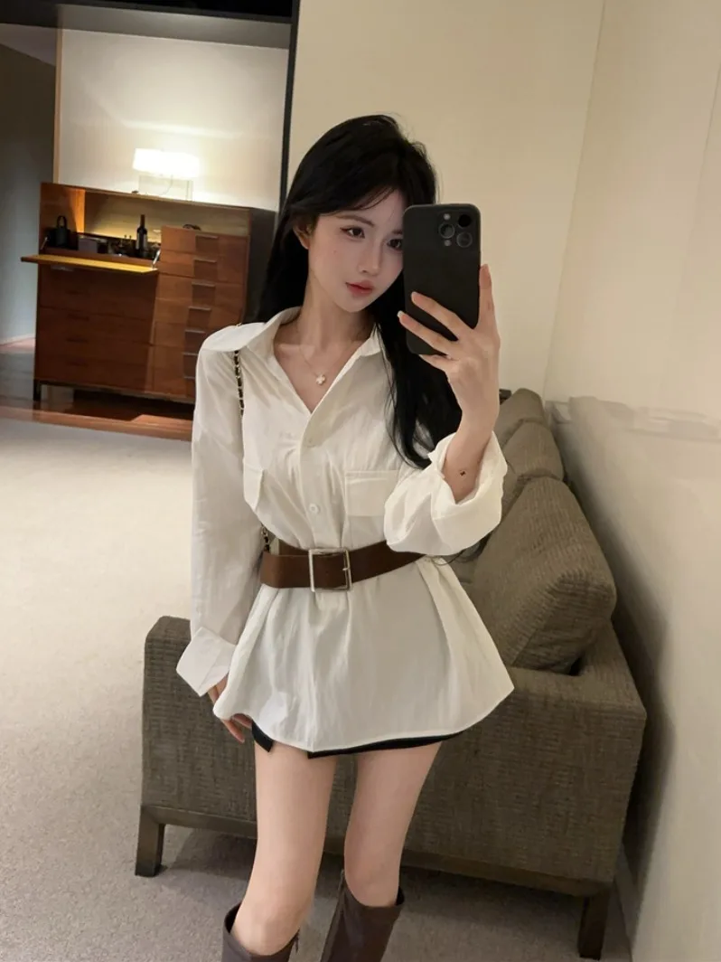 

Женская блузка в романтическом стиле с V-образным вырезом, поясом на талии, утягивающая, длиной миди, из дышащего полиэстера, с длинным рукавом, для повседневной носки