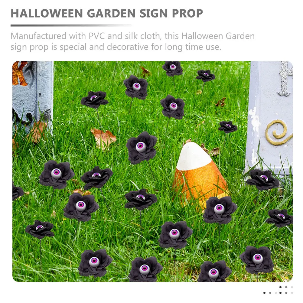 4Pcs Halloween Garden Sign for Yard Lawn Outdoor Decoration Eyeball Rose Flower Theme PVC Silk Cloth Halloween Decor