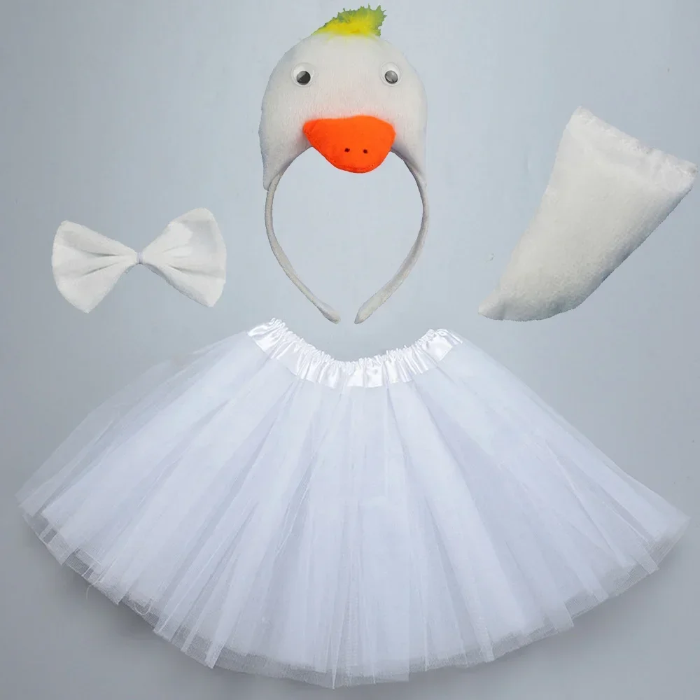 Women Girls Yellow Duck White Goose Animal Costume Headband Bowtie Tail Tutu Set for Halloween Christmas Cosplay Party