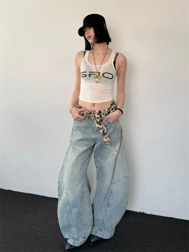 Retro Light Blue Wide Leg Knife Jeans Women's Spring Autumn Loose Slim Tall Extended Banana Pants Casual Washed Denim