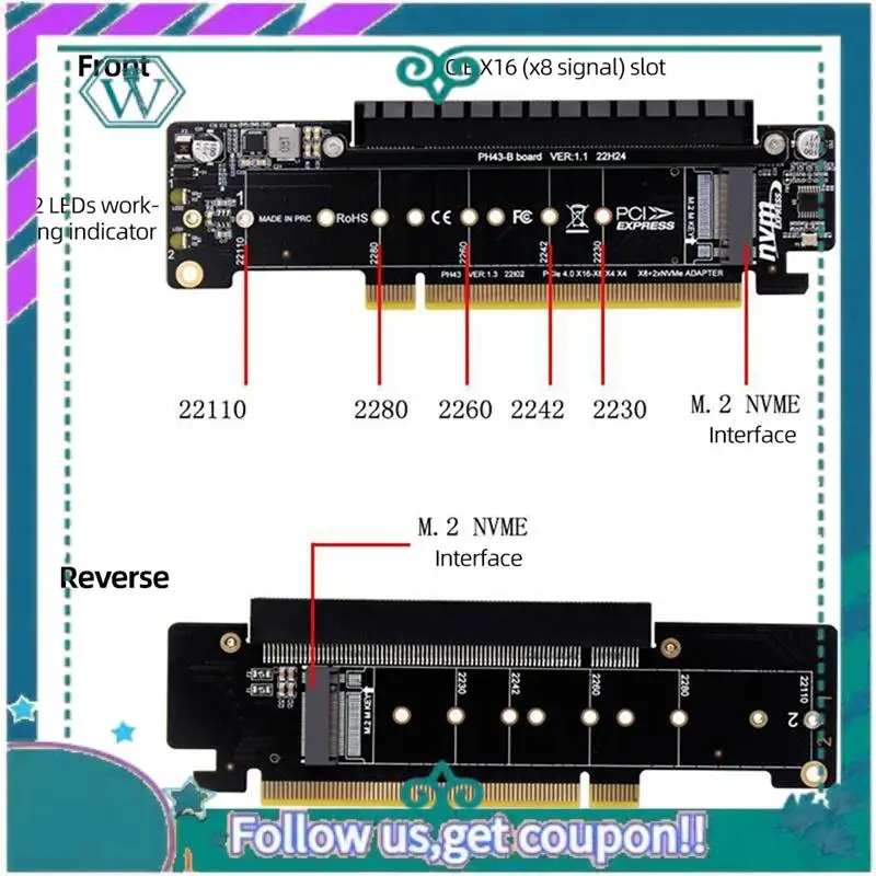 

Upgraded Pcie X16 To X8+X4+X4 Split Expansion Adapter Card With PCIE4.0 M.2 Nvme X2 Input For 2280/2260/2242/2230 Ssds
