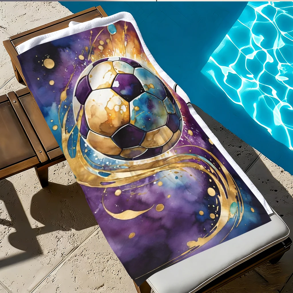 Watercolor Galaxy Soccer Beach Towel, Abstract Purple Gold Football Print Microfiber Towel, Quick Dry Sports Bath Towel for Beac