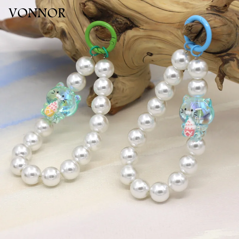 Fashion Women Jewelry Keychain Imitation Pearl Chain Acrylic Cat Birthday Cake Pendant Female Bag Car Key Decoration Keychain