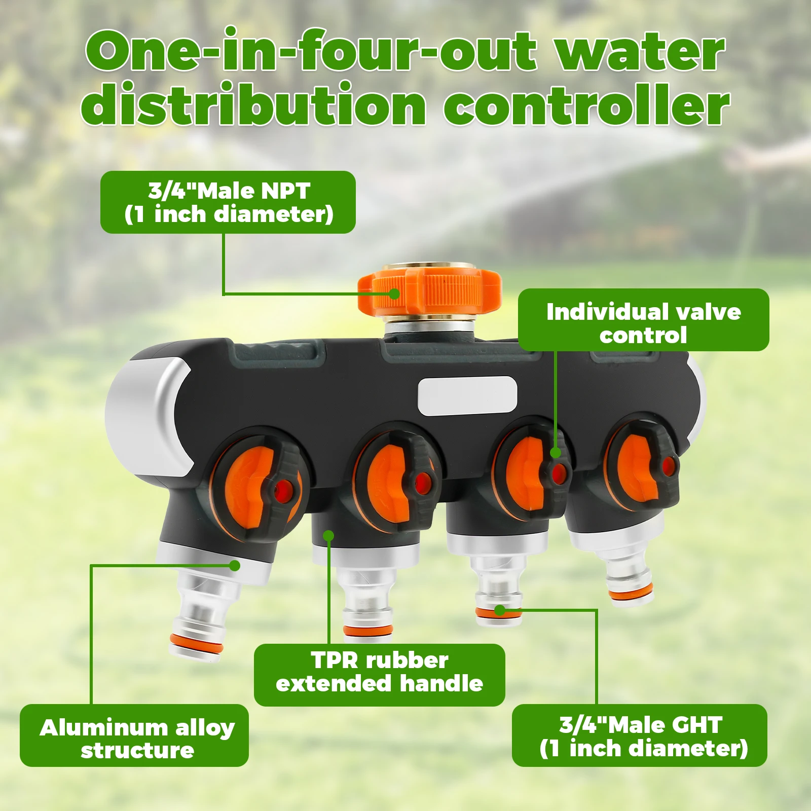4-Way Splitter 3/4"and 1/2" Water Connection Distributor Adjustable Water Flow Water Tap Splitter for Outdoor Tap Garden Hoses