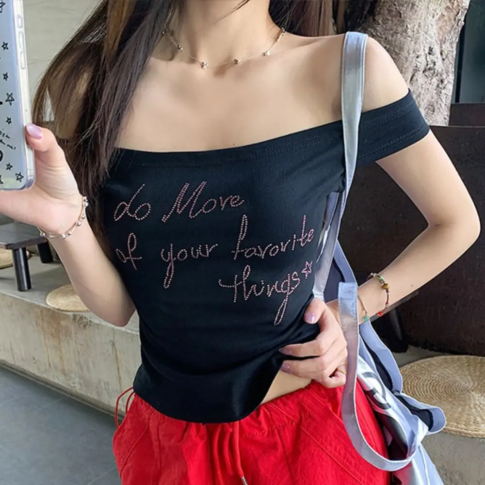 

Stylish Ins Off Shoulder Crop Top Slim Fit Sweet Rhinestone T-shirt Female Clothing Bottoming Shirt Women Streetwear