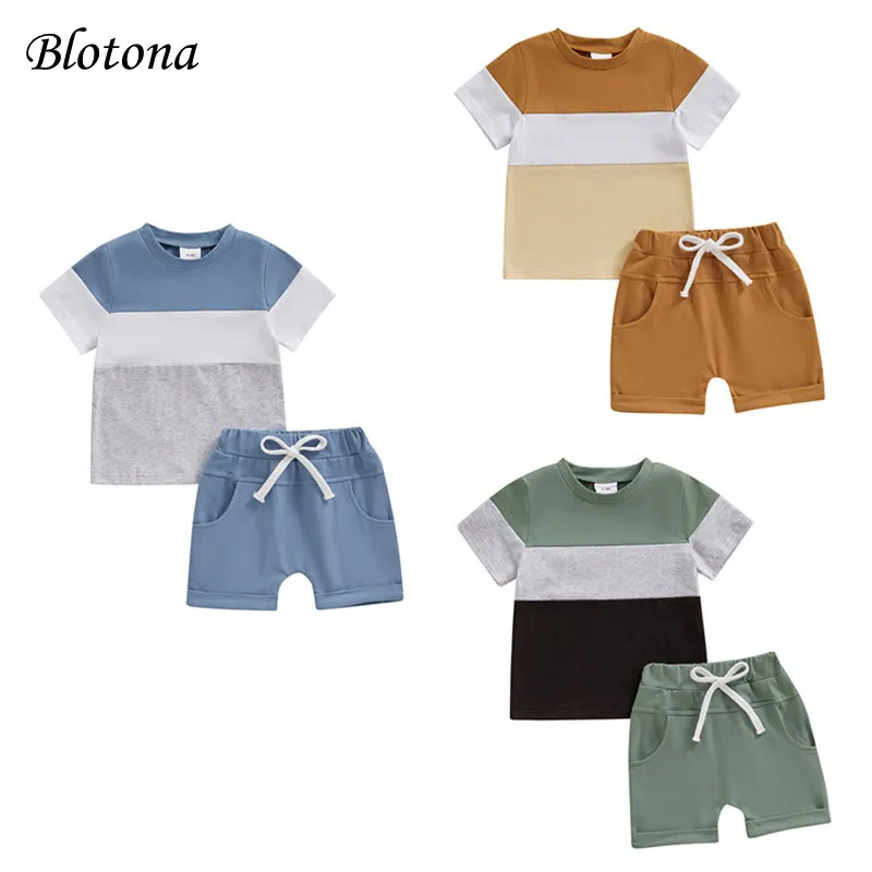 Blotona Toddler Boys Summer Outfits Contrast Colors Short Sleeve T-Shirt and Elastic Shorts for 2Pcs Vacation Clothes Set 0-3Y