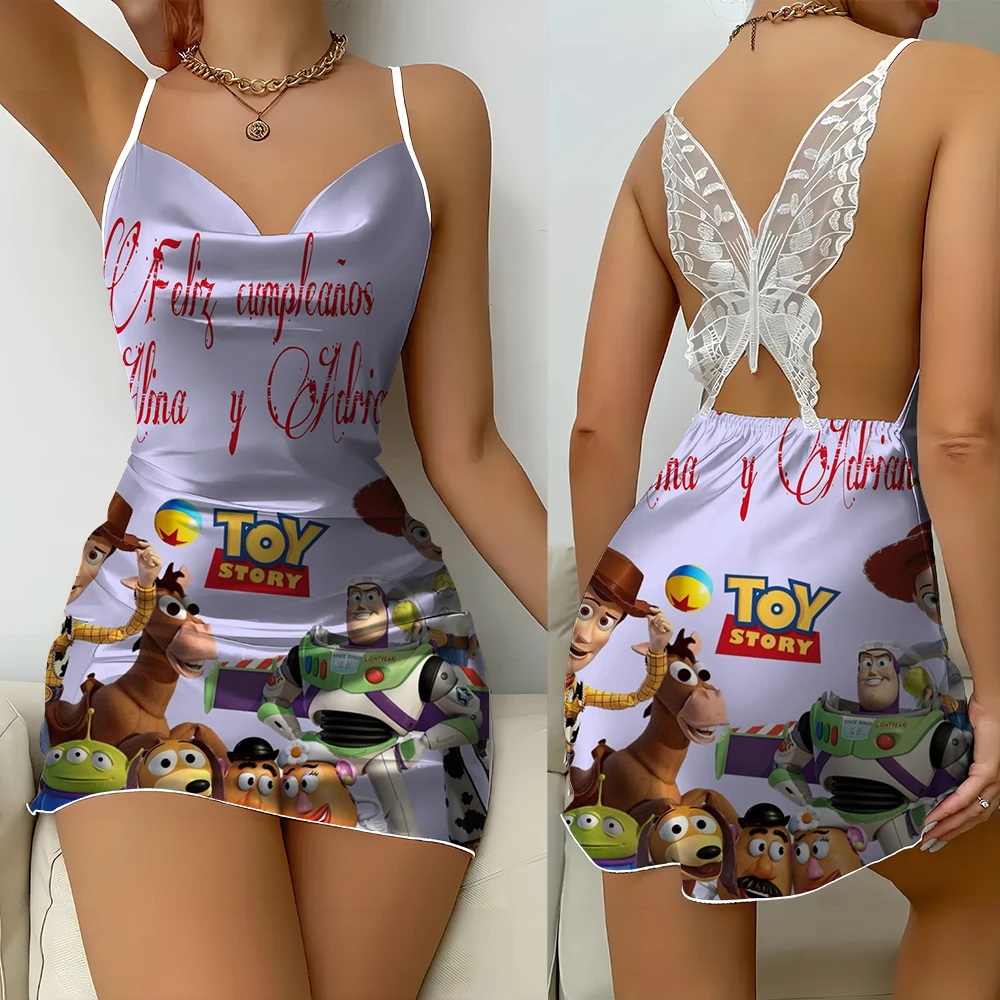 Disney Buzz Lightyear printed women's backless sexy lace butterfly nightdress summer new cute fashion simple comfortable dress