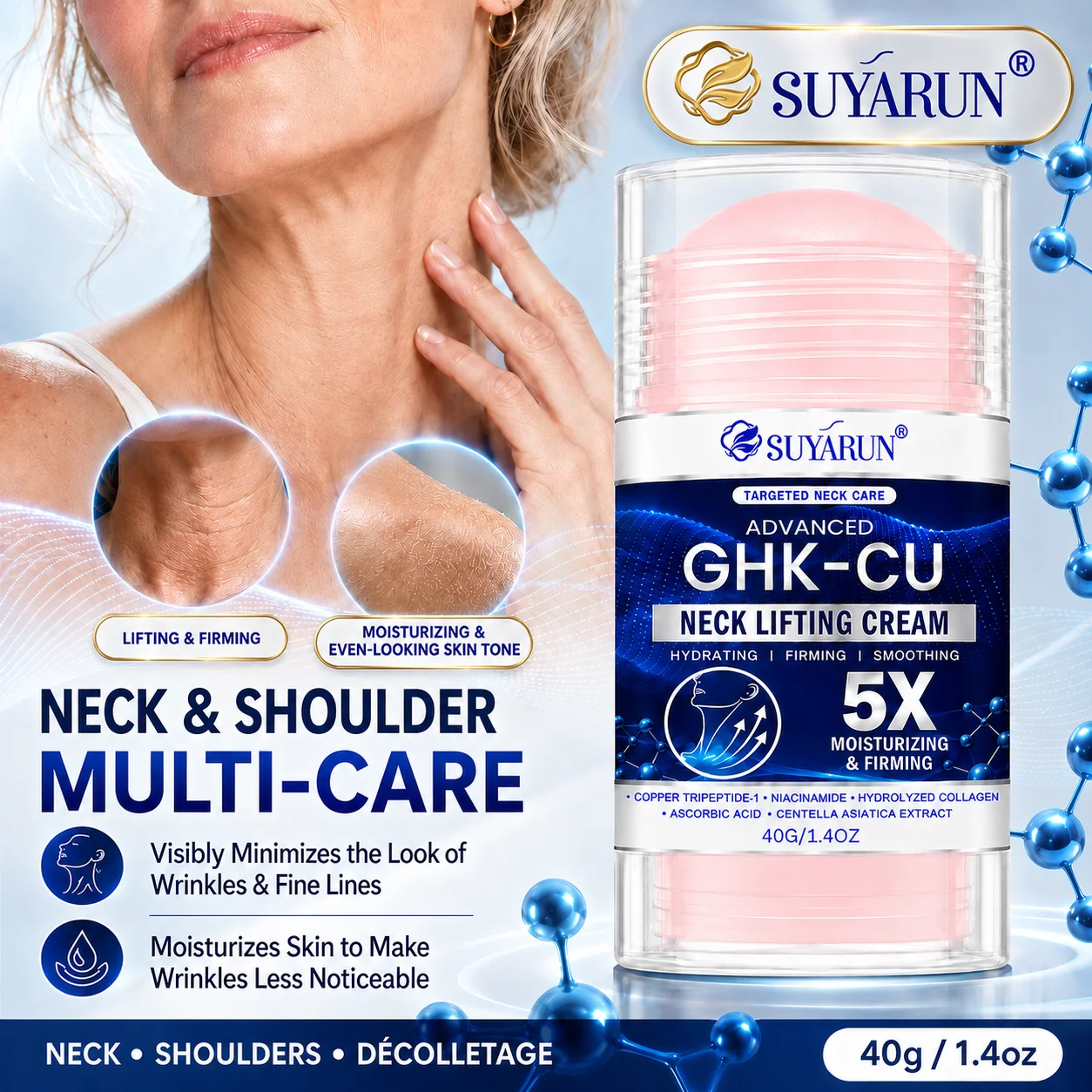 SUYARUN Blue Copper Peptide Neck Firming Stick Wrinkle Smoothing Lifting Brightening Roller Massage Portable Skincare.