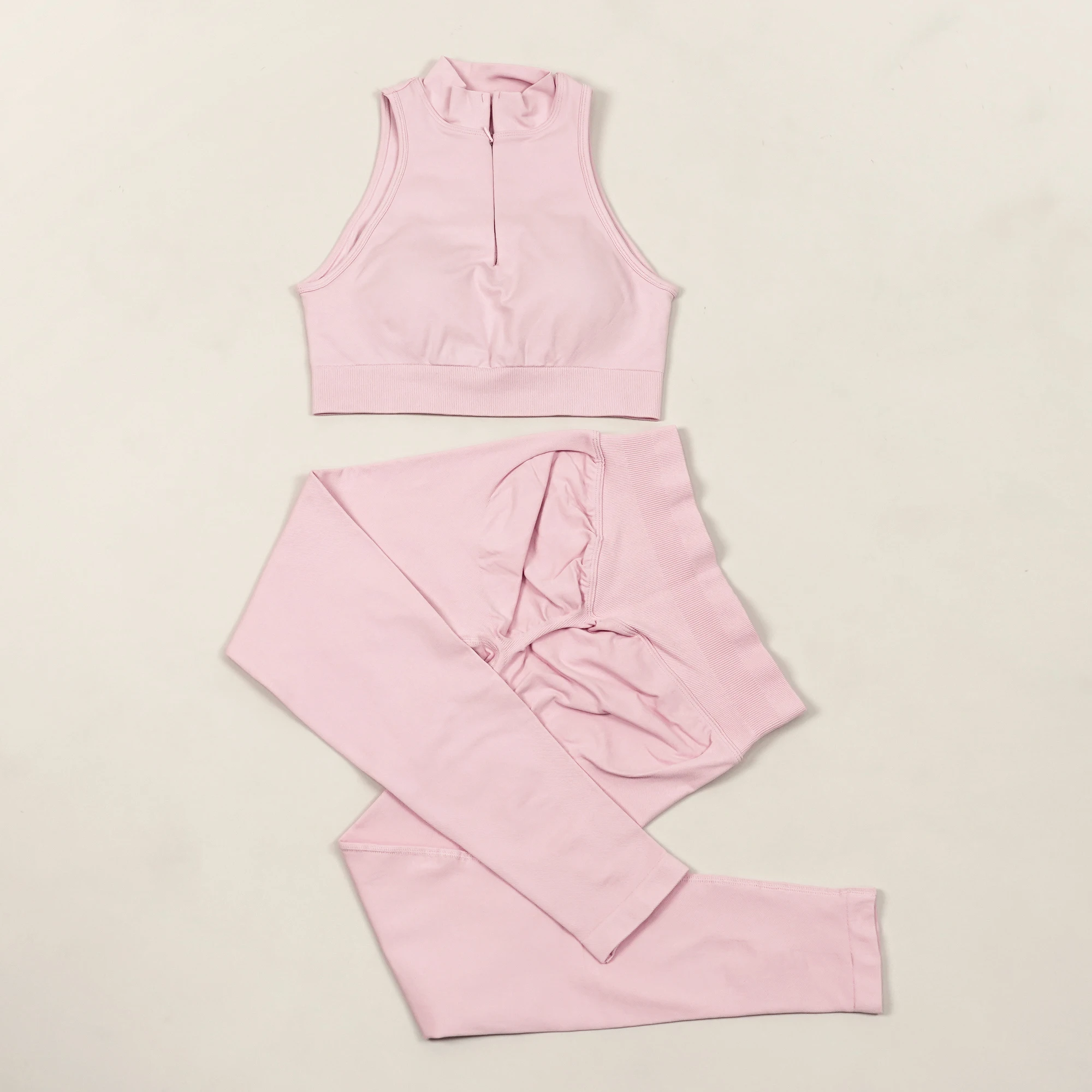 

VEQKING Seamless 2pcs Women Yoga Tank Top Sets Front Zip Dynamic Bras with Pads Srunch Butt Sports Leggings Tight Workout Pants