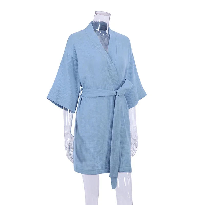 Mini Bathrobes Lace Up Sleepwecrape Cotton Robe Women Nightwear  Muslin Women Home Clothes Solid Color Robes Women Nightie