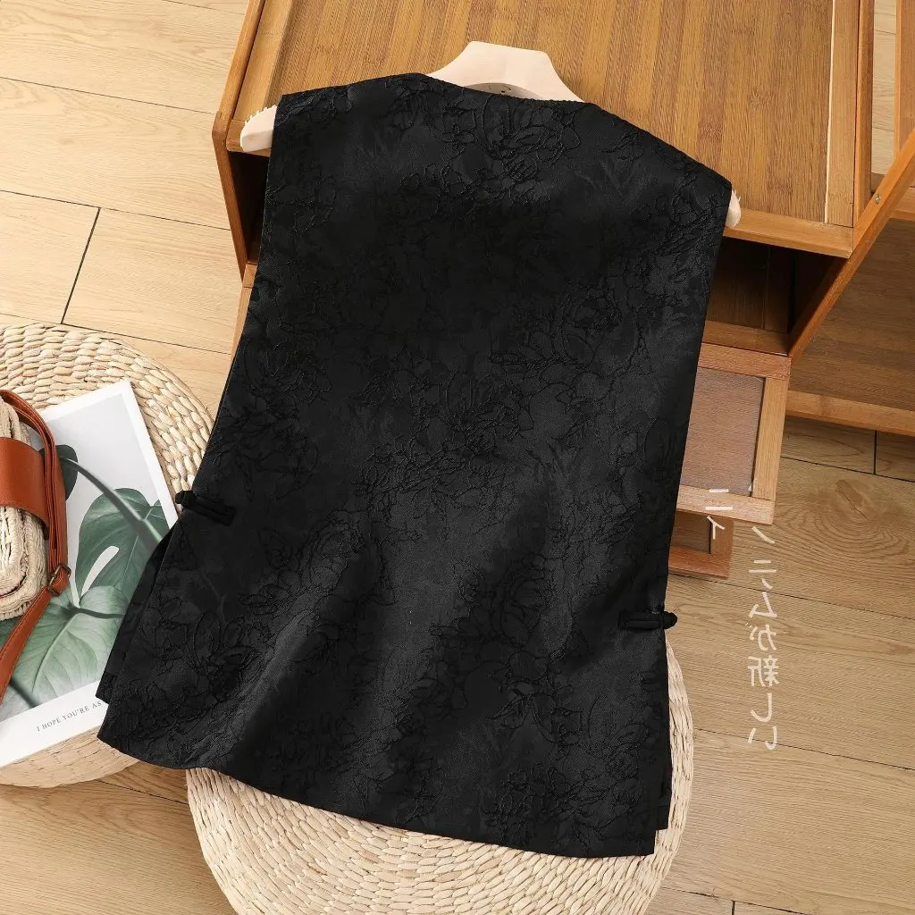 

New Chinoiserie Black Jacquard Vest Waistcoat Top Retro Literary Buckle Slit Design Classical Fashion Women's Top